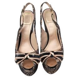 Pre Owned Dior Black/Beige Lace and Satin Bow Slingback Platform Wedge Sandals Size 41