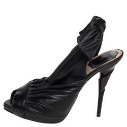 Pre Owned Dior Black Leather Pleated Slingback Peep Toe Sandals Size 36