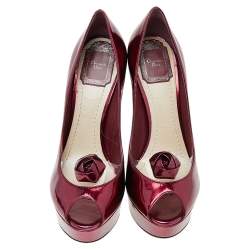 Dior Burgundy Patent Leather Flower Platform Pumps Size 37.5
