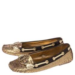 Pre Owned حذاء لوفرز ديور جلد نقشة الثعبان بني/ذهبي مقاس 36.5