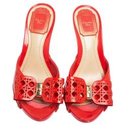 Dior Coral Red Patent Leather Open Toe Bow Clog Sandals Size 37