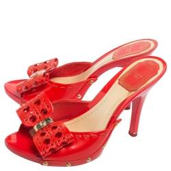 Dior Coral Red Patent Leather Open Toe Bow Clog Sandals Size 37