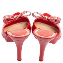 Dior Coral Red Patent Leather Open Toe Bow Clog Sandals Size 37