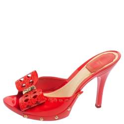 Dior Coral Red Patent Leather Open Toe Bow Clog Sandals Size 37