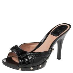 Dior Black Cannage Patent Leather Bow Slide Sandals Size 37.5