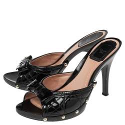 Dior Black Cannage Patent Leather Bow Slide Sandals Size 37.5