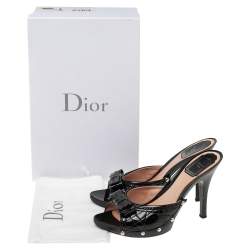 Dior Black Cannage Patent Leather Bow Slide Sandals Size 37.5