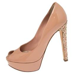 Pre Owned حذاء كعب عالي ديور كاناج جلد لامع بيج نعل سميك كعب كاناج مقدمة مفتوحة مقاس 35.5 