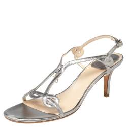Dior Silver Leather Logo Slingback Sandals Size 37.5