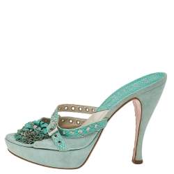 Dior Aqua Green Suede And Python Embossed Leather Eyelet Detail Platform Slide Sandals Size 39