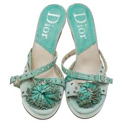 Dior Aqua Green Suede And Python Embossed Leather Eyelet Detail Platform Slide Sandals Size 39