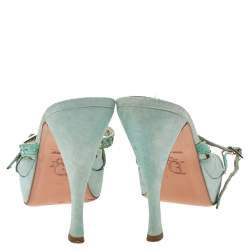 Dior Aqua Green Suede And Python Embossed Leather Eyelet Detail Platform Slide Sandals Size 39