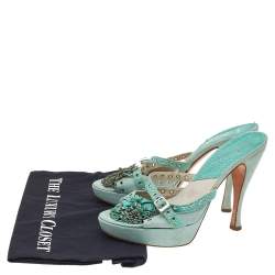 Dior Aqua Green Suede And Python Embossed Leather Eyelet Detail Platform Slide Sandals Size 39