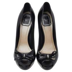 Dior Black Leather Bow Peep Toe Pumps Size 39.5