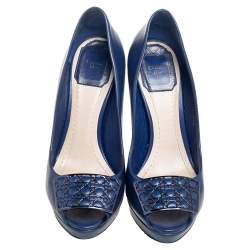 Pre Owned Dior Blue Leather Cannage Plaque Peep Toe Platform Pumps Size 35.5