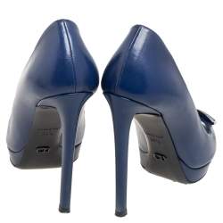 Pre Owned Dior Blue Leather Cannage Plaque Peep Toe Platform Pumps Size 35.5
