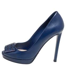Pre Owned Dior Blue Leather Cannage Plaque Peep Toe Platform Pumps Size 35.5