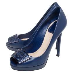 Pre Owned Dior Blue Leather Cannage Plaque Peep Toe Platform Pumps Size 35.5