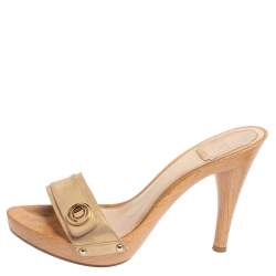 Dior Gold Leather Wooden Platform Clog Slide Sandals Size 38.5