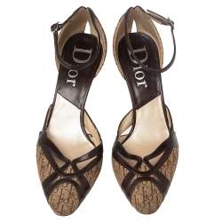مملوكة مسبقًا Dior Brown Leather And Diorissimo Canvas Ankle Strap Sandals Size 38.5