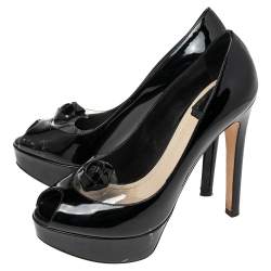 Pre Owned Christian Dior Black Patent Leather And PVC  Peep Toe Platform Pumps Size 37.5