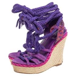Dior Purple Suede And Python Leather Espadrille Wedge Ankle Wrap Sandals Size 36