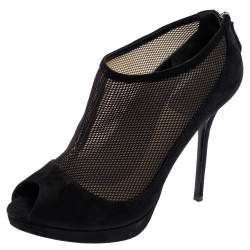 Dior Black Suede And Mesh Peep Toe Platform Booties Size 37.5