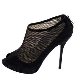 Pre Owned Dior Black Suede And Mesh Peep Toe Platform Booties Size 37.5