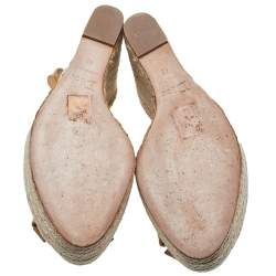 Dior Beige Patent Leather Bow Espadrille Platform Wedge Slingback Sandals Size 40