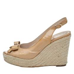 Dior Beige Patent Leather Bow Espadrille Platform Wedge Slingback Sandals Size 40