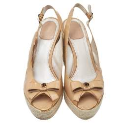 Dior Beige Patent Leather Bow Espadrille Platform Wedge Slingback Sandals Size 40