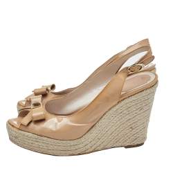 Dior Beige Patent Leather Bow Espadrille Platform Wedge Slingback Sandals Size 40