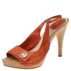 Dior Orange Python Leather Platform Slingback Sandals Size 40