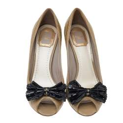 Dior Beige Patent Leather Cannage Bow Peep Toe Pumps Size 39.5