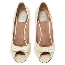 Dior Cream Cannage Patent Leather Bow Peep Toe Pumps Size 40