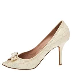 Dior Cream Cannage Patent Leather Bow Peep Toe Pumps Size 40