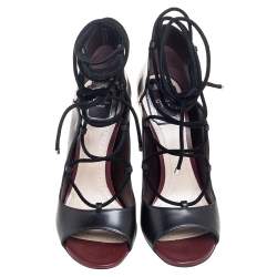 Pre Owned Dior Black Leather Petale Open Toe Lace Up Pumps Size 37