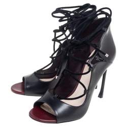 Pre Owned Dior Black Leather Petale Open Toe Lace Up Pumps Size 37