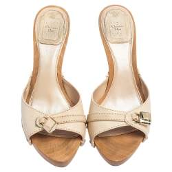 مملوكة مسبقًا Dior Cream Leather Lock Open Toe Slide Mules Size 37.5