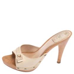 مملوكة مسبقًا Dior Cream Leather Lock Open Toe Slide Mules Size 37.5