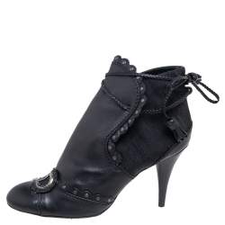 Pre Owned حذاء بوت ديور جلد وكانفاس بالشعار أسود مزين شعار الماركة رباط كاحل مقاس 40