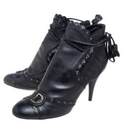 Pre Owned حذاء بوت ديور جلد وكانفاس بالشعار أسود مزين شعار الماركة رباط كاحل مقاس 40