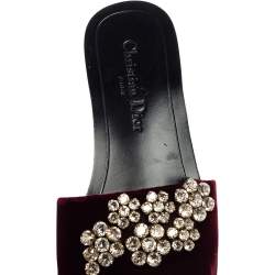 Pre Owned Dior Burgundy Velvet Crystal Embellishment Flat Slide Sandals Size 38