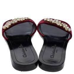 Pre Owned Dior Burgundy Velvet Crystal Embellishment Flat Slide Sandals Size 38