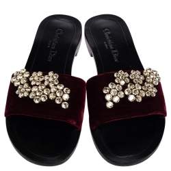 Pre Owned Dior Burgundy Velvet Crystal Embellishment Flat Slide Sandals Size 38