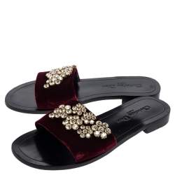 Pre Owned Dior Burgundy Velvet Crystal Embellishment Flat Slide Sandals Size 38