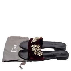 Pre Owned Dior Burgundy Velvet Crystal Embellishment Flat Slide Sandals Size 38