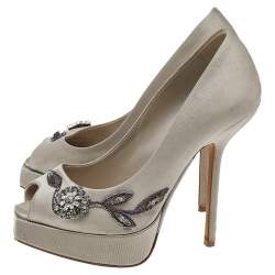 Dior Grey Embellished Satin Peep Toe Platform Pumps Size 35