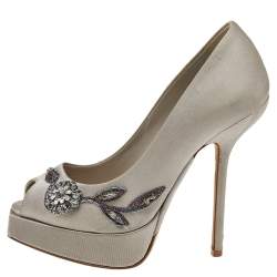 Dior Grey Embellished Satin Peep Toe Platform Pumps Size 35