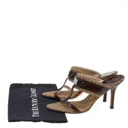 Dior Brown Canvas And Patent Leather T-Strap Sandals Size 38